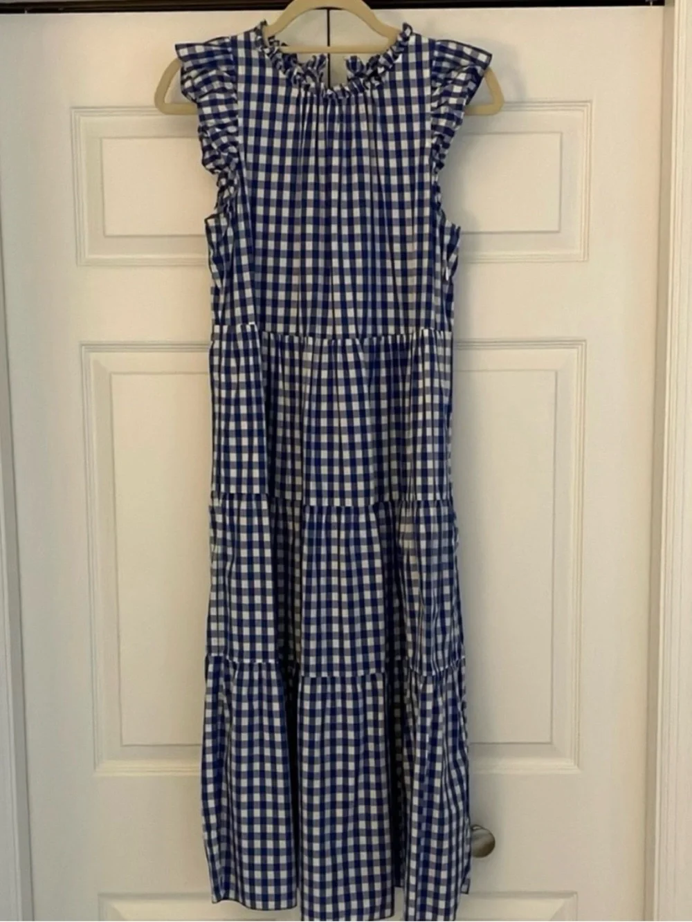 J. Crew Blue and White Gingham Tiered Dress